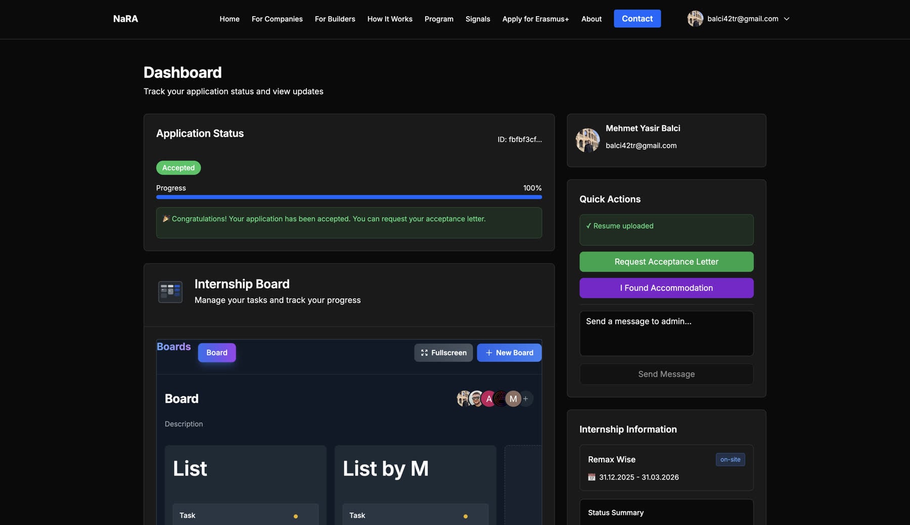 Applicant dashboard with internship board and quick actions