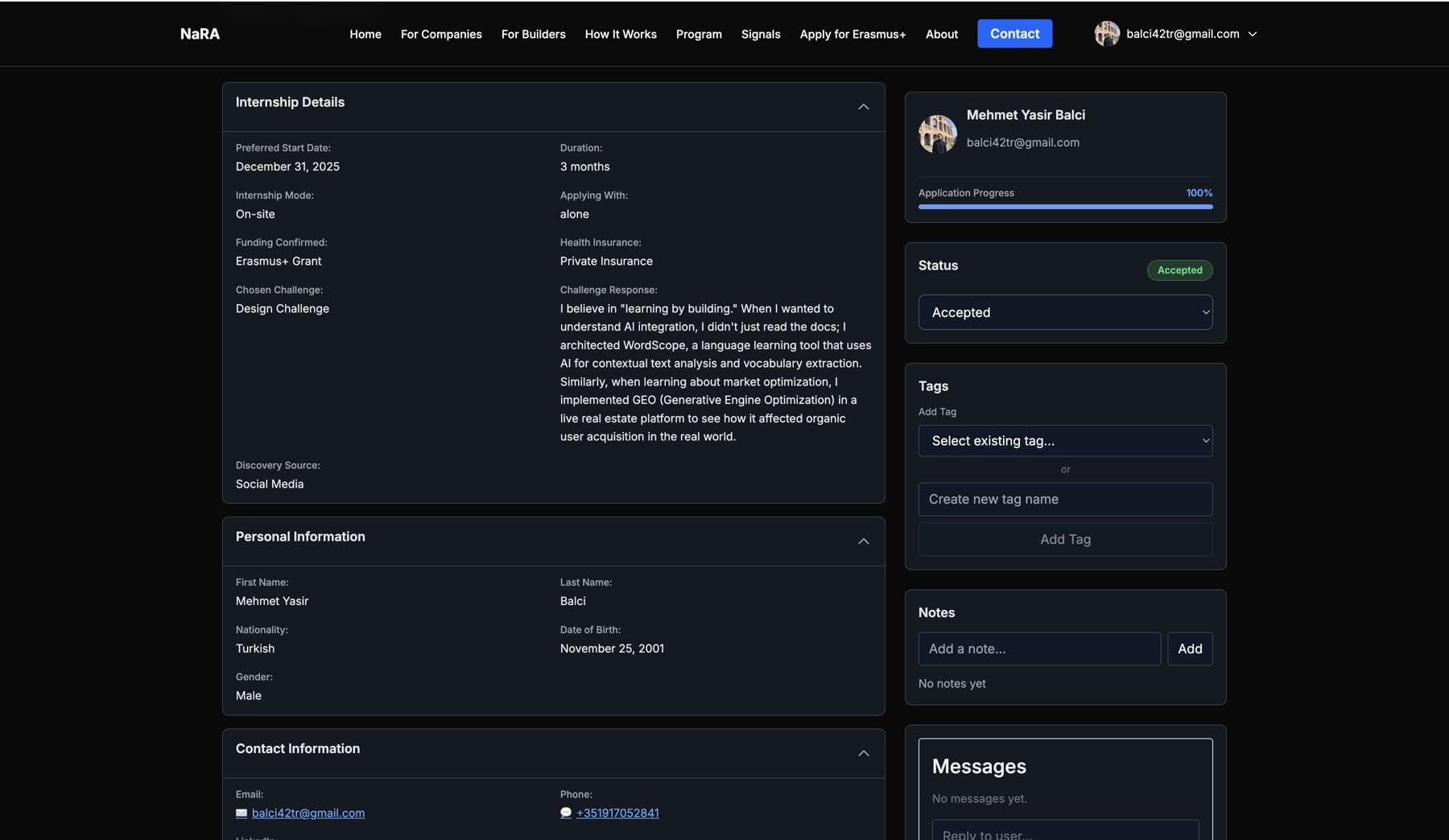 Internship details admin view with messages, tags, notes