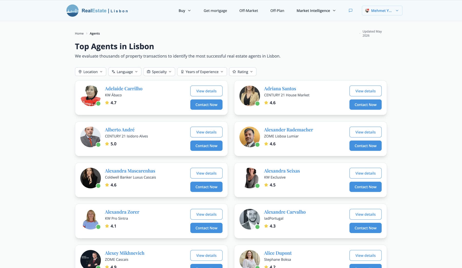 Top agents in Lisbon directory with profile cards