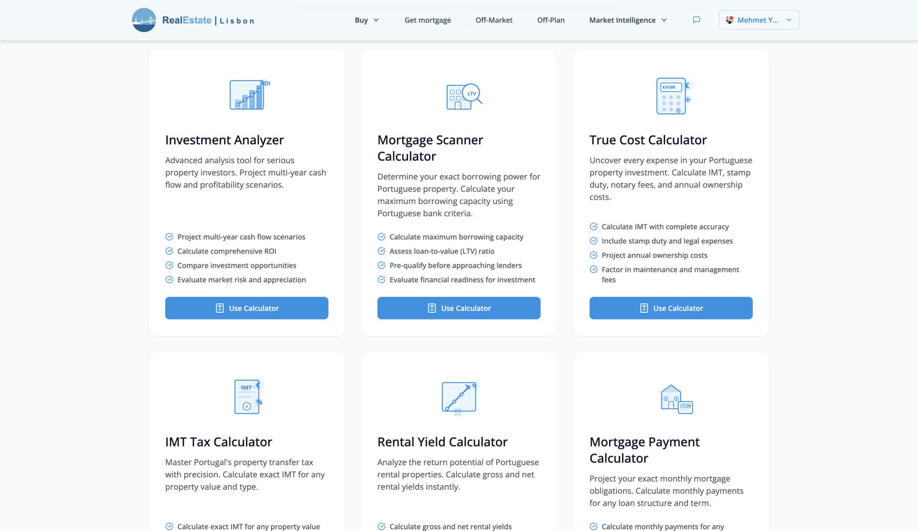 Financial tools grid showing six calculators