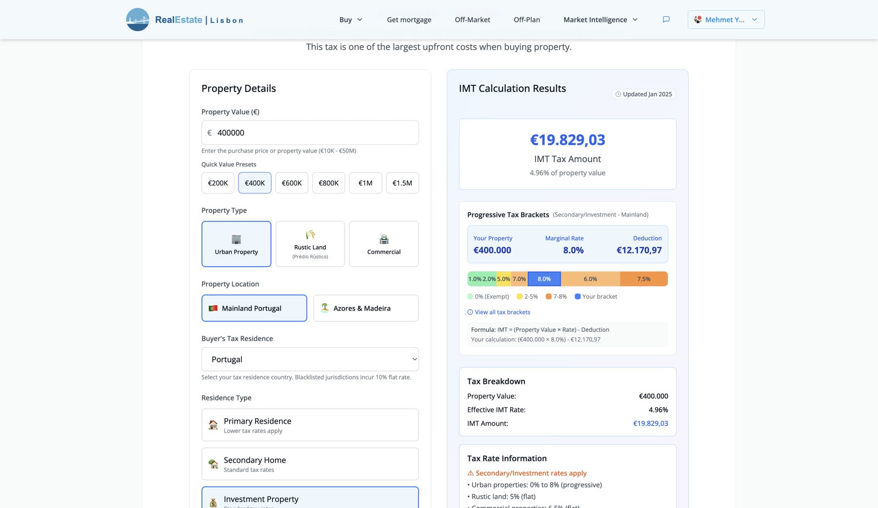 IMT tax calculator with property details and progressive tax brackets