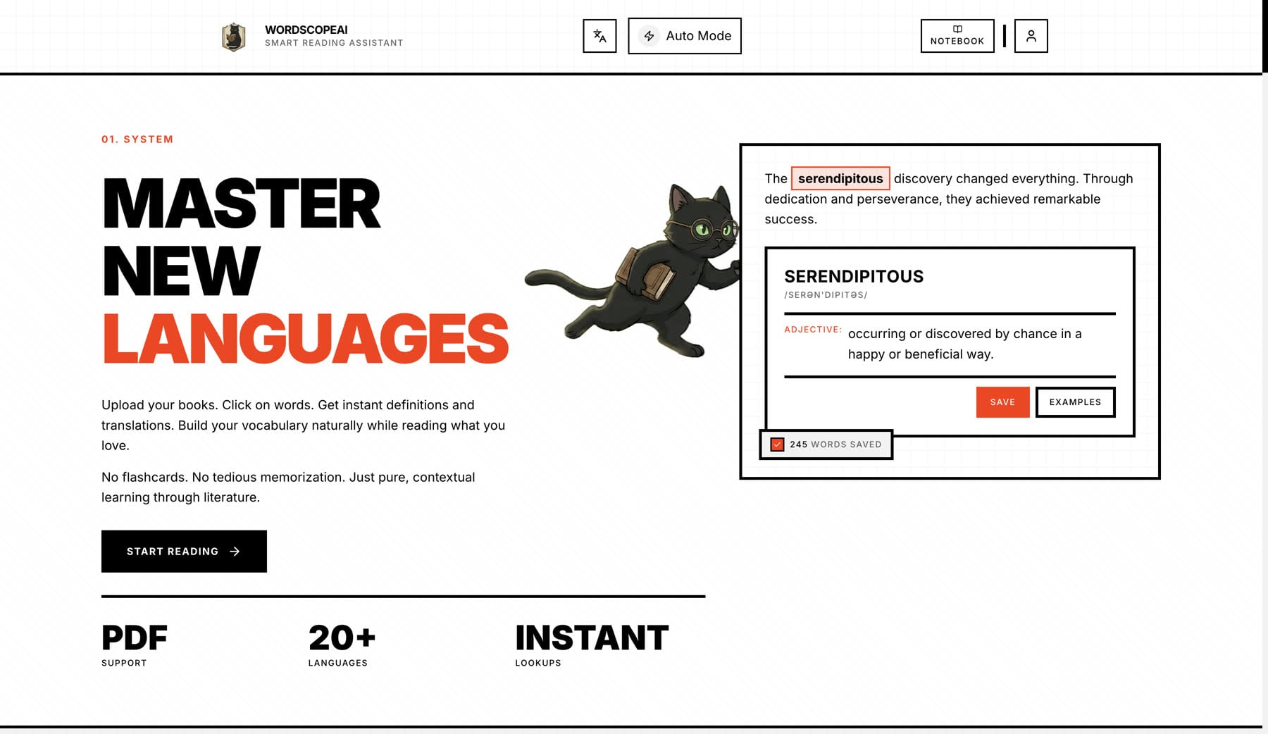 WordScope landing page with cat illustration and dictionary card