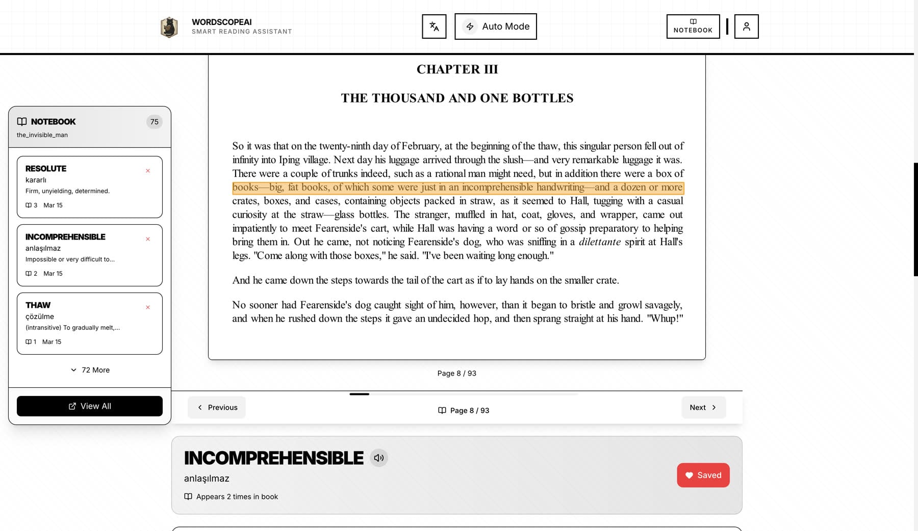 Reading view with in-context word highlighting and notebook sidebar
