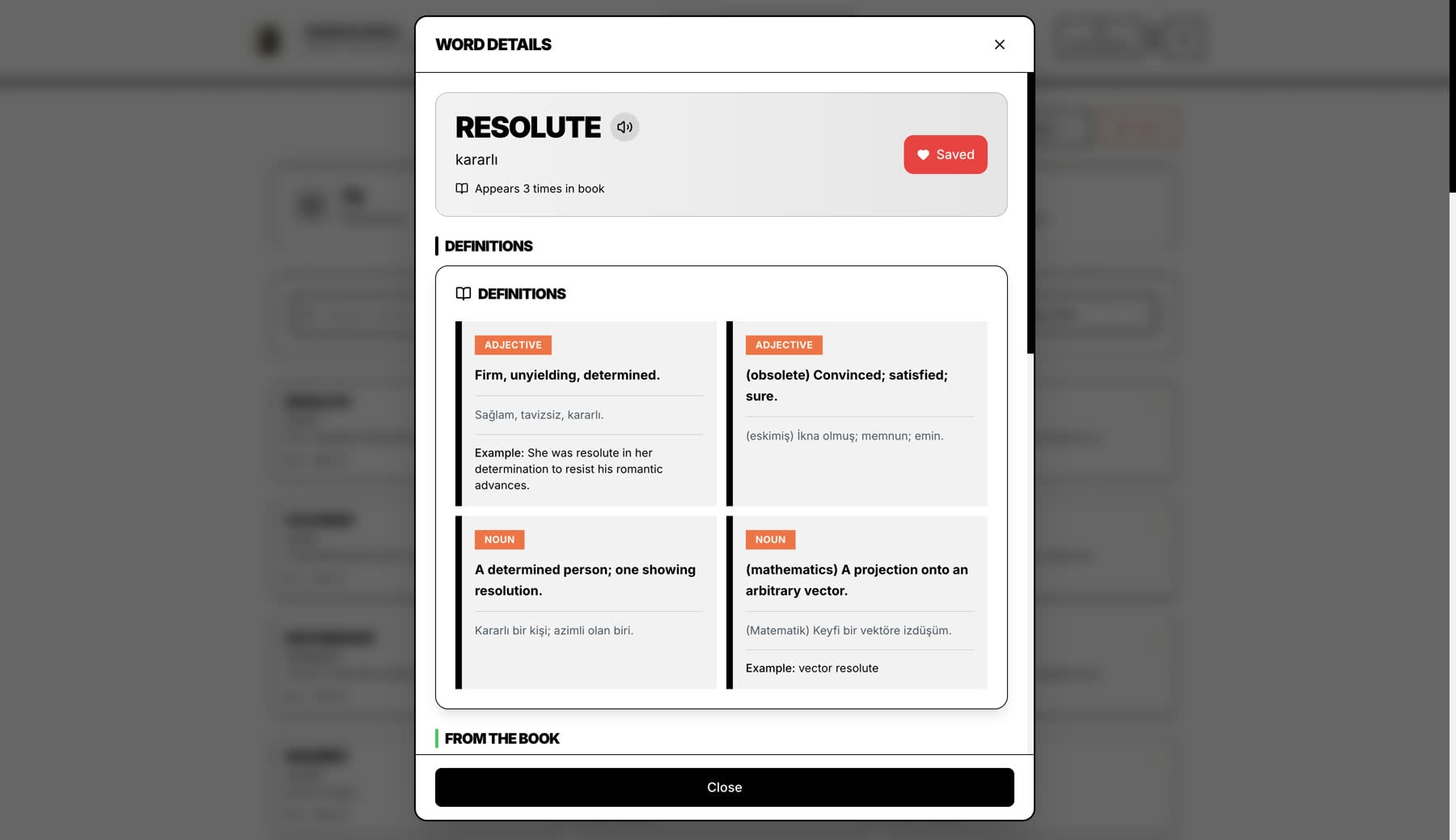 Word detail modal for RESOLUTE with EN + TR definitions